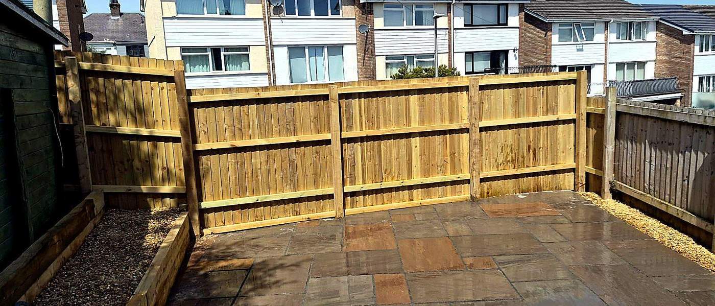 Finished patio and fencing, Torfaen